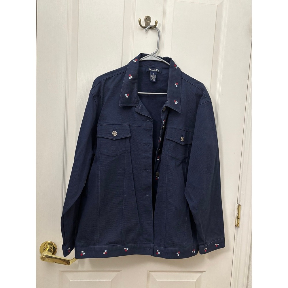 Denim & Co. Navy Blue Embroidered Star Denim Jacket Plus Size 1X Button Front